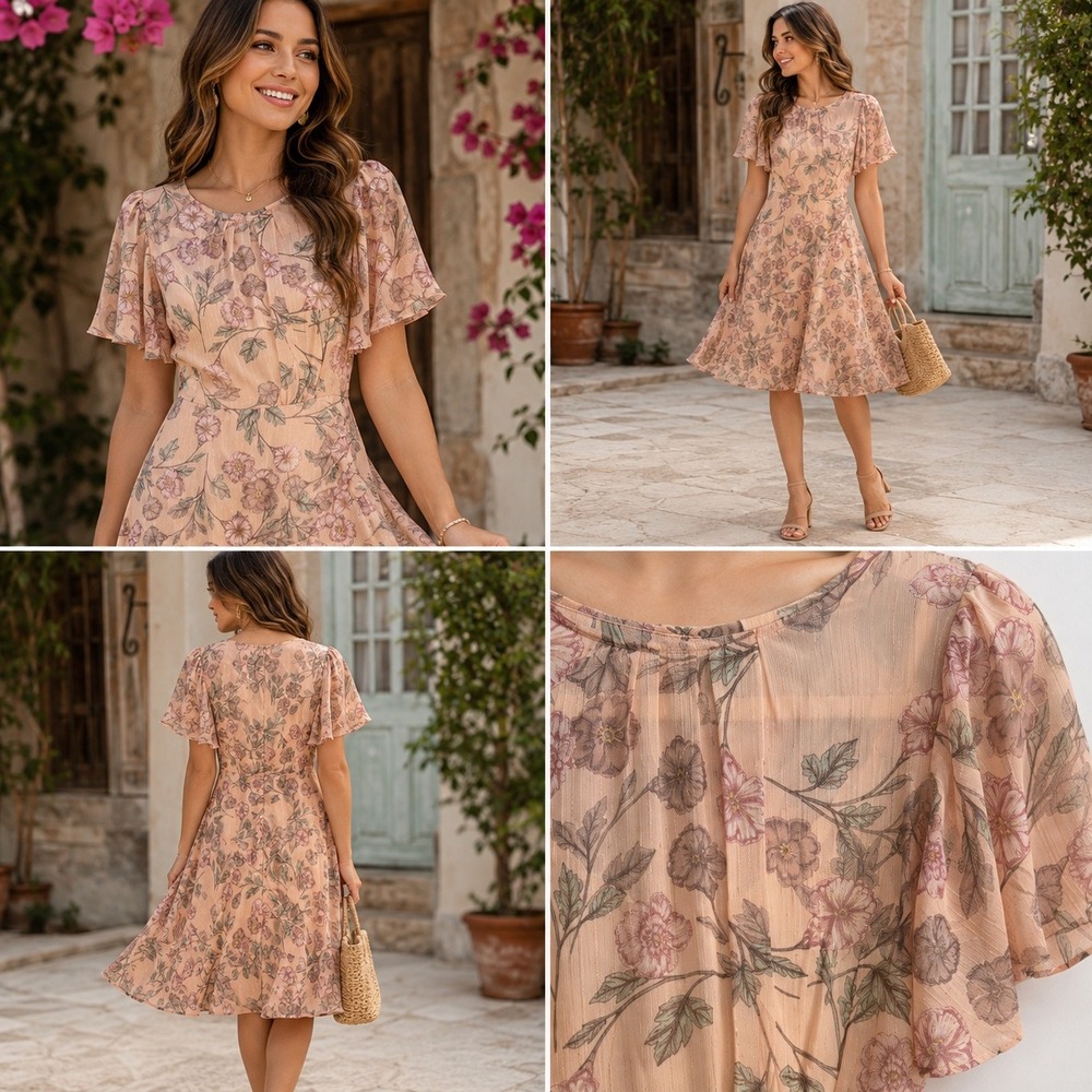 ASTR The Label Peach Floral Flutter Sleeve Metallic Stripe Midi Dress XS Womens